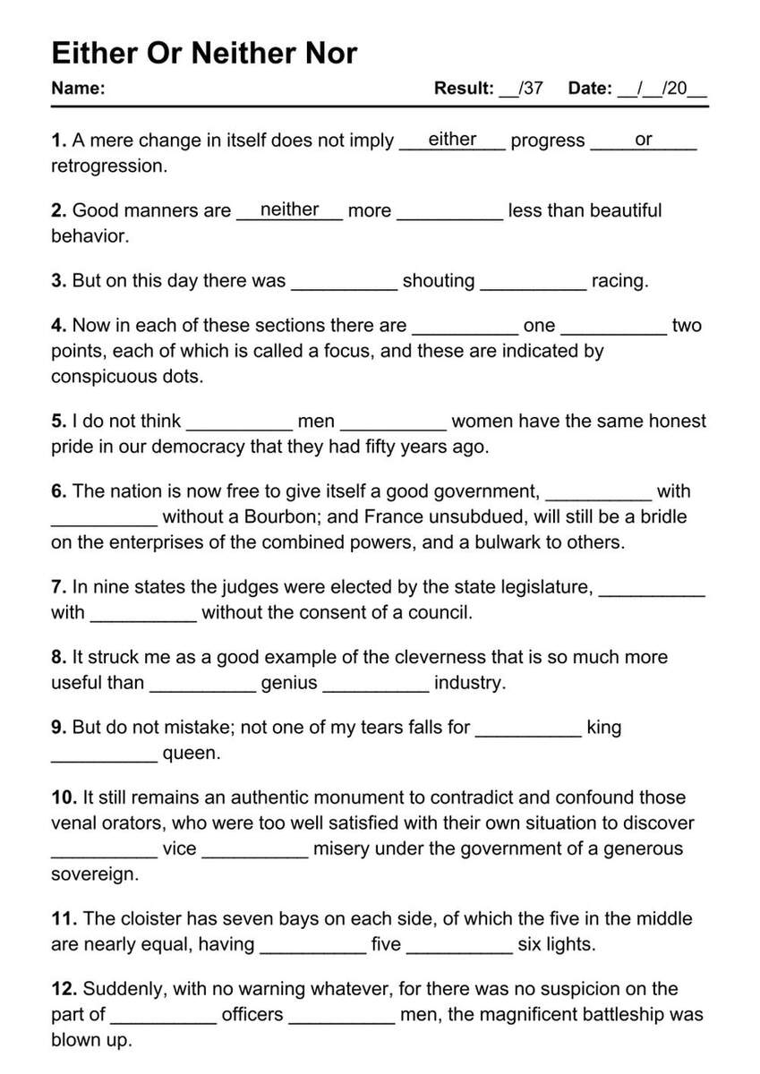 Neither Either Worksheets And Exercises With Answers In English