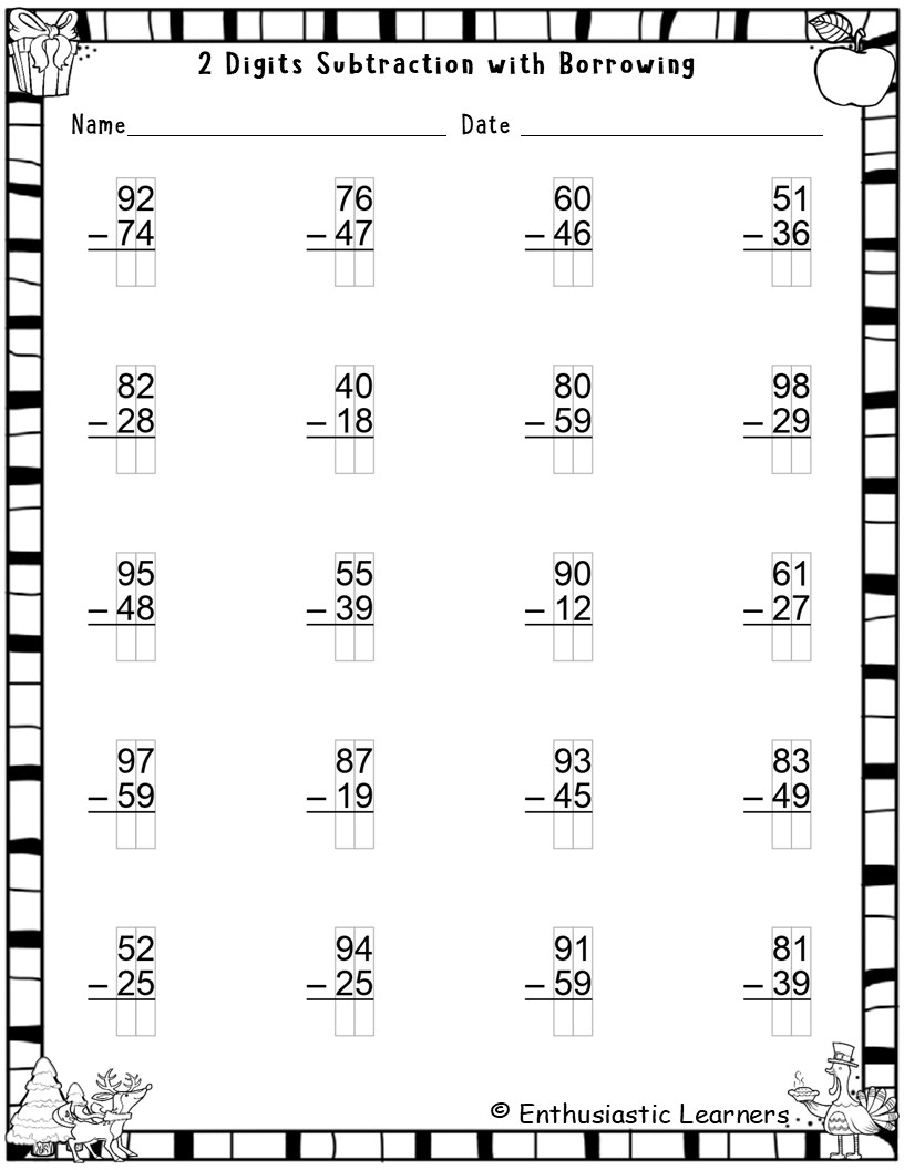 2 Digit Subtraction With Borrowing Worksheets Regrouping Practice Sheets Teaching Resources
