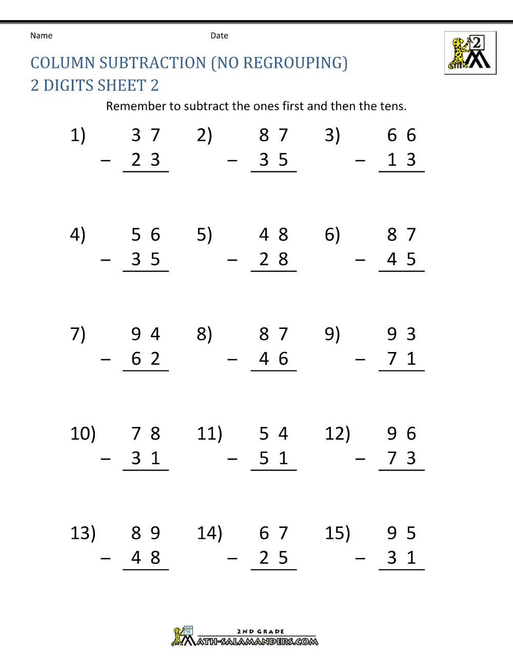 2 Digit Subtraction Worksheets Double Digit Subtraction Without Regrouping K12 Math Worksheets