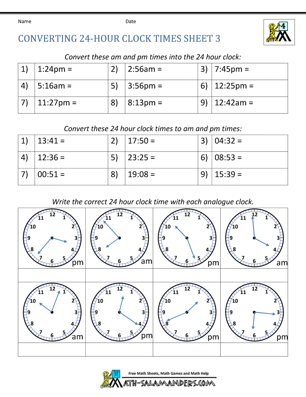24 Hour Clock Conversion Worksheets 30 Printable Military Time Charts TemplateLab