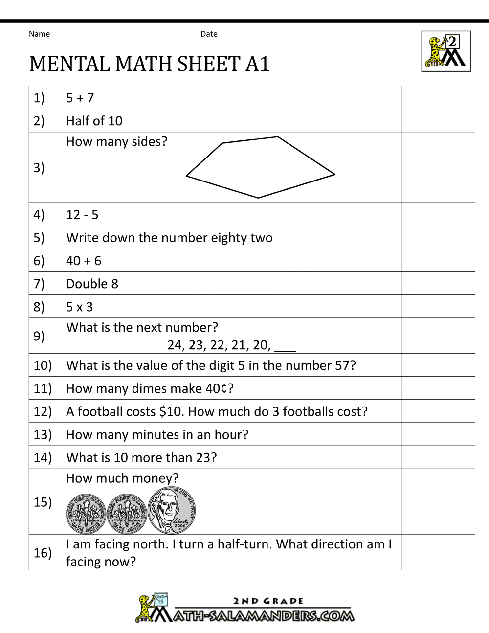 2nd Grade Mental Math Worksheets A71
