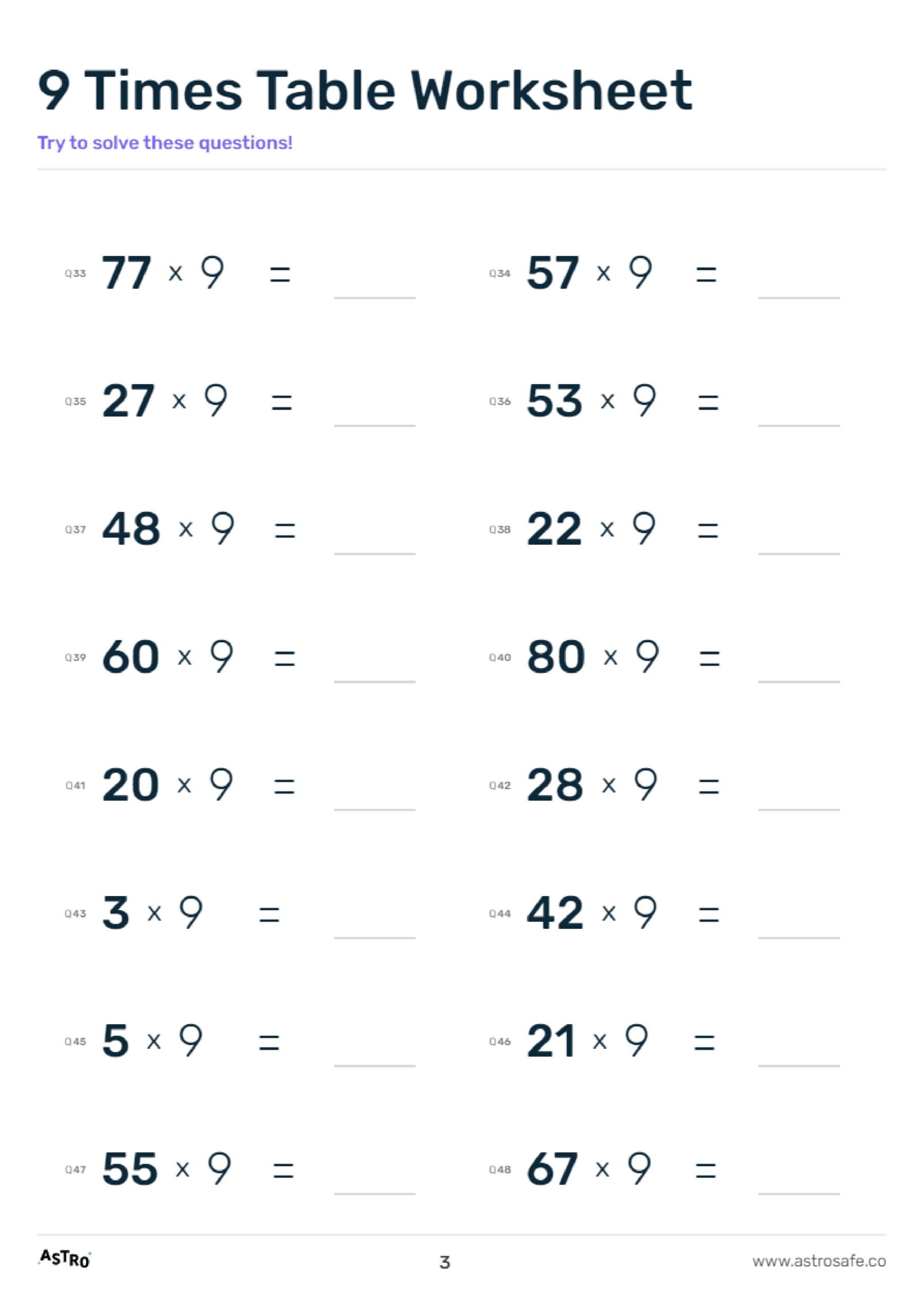 9 Times Table Worksheets