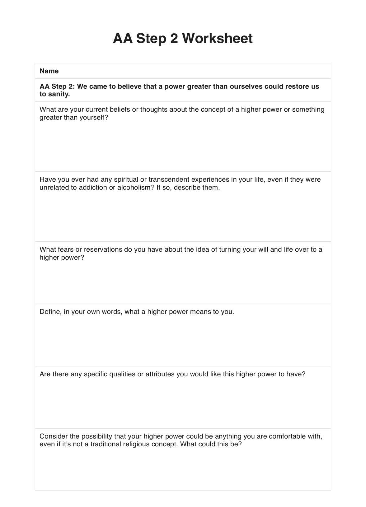 AA Step 2 Worksheets AA Step 2 Worksheets