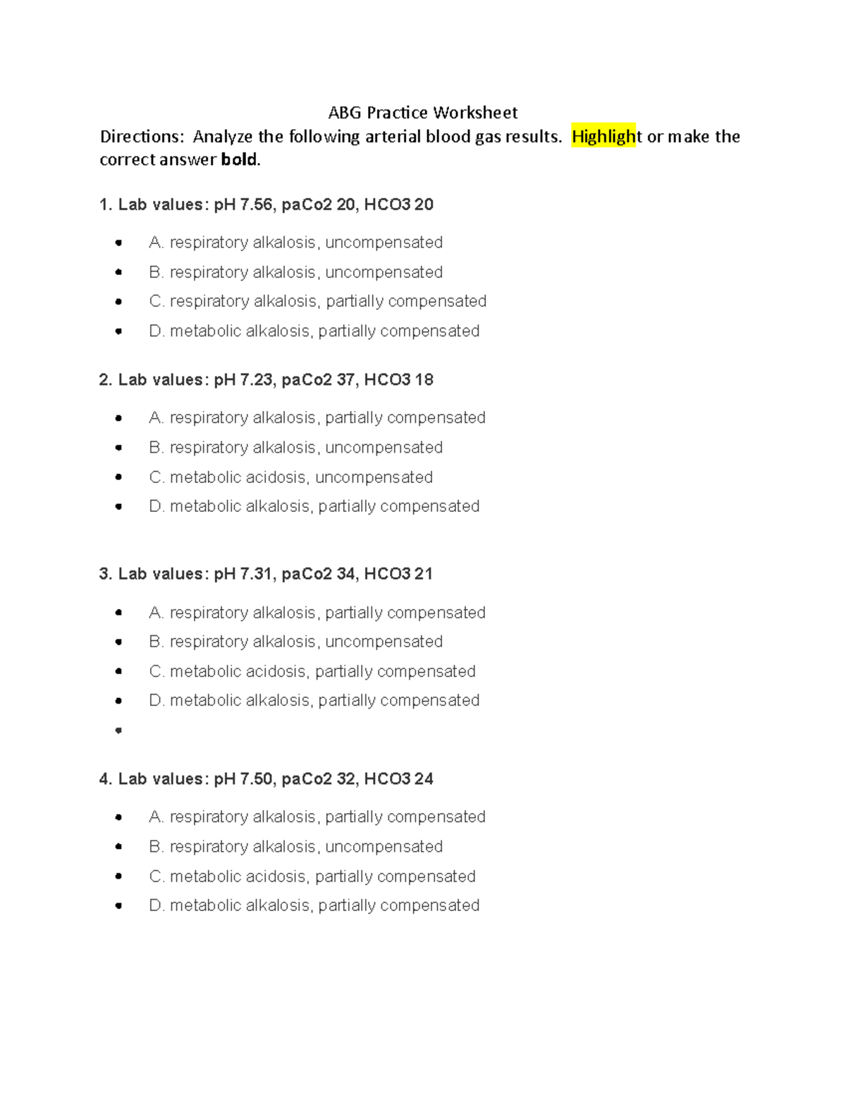 ABG Interpretation Practice Worksheet For Nursing Studies Studocu