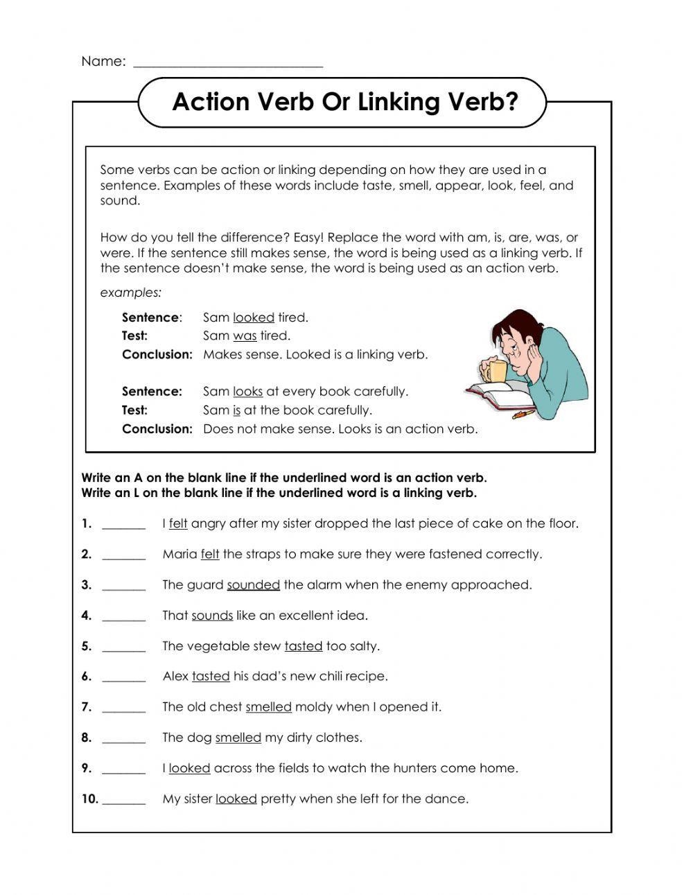 Action And Linking Verbs Exercise Worksheets Library