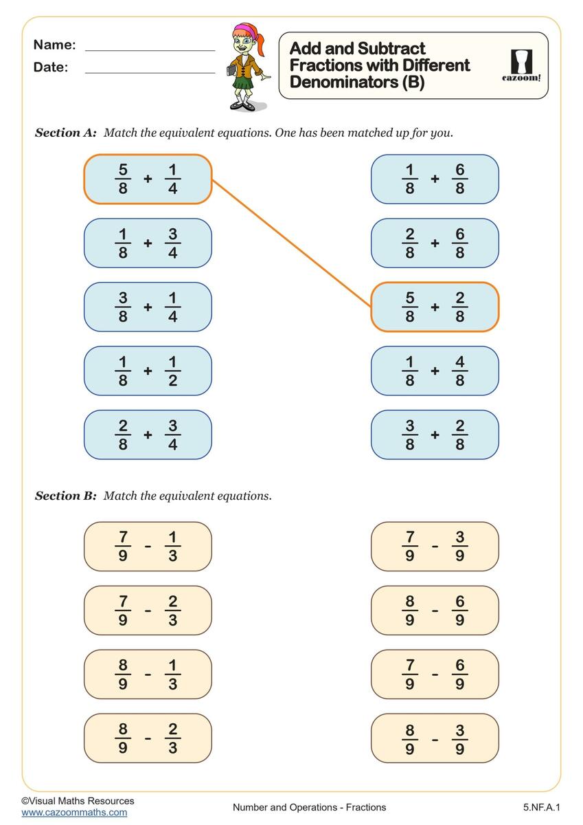 Add And Subtract Fractions With Different Denominators B Worksheet Printable PDF 5th Grade Number Operations Worksheet Cazoom Math