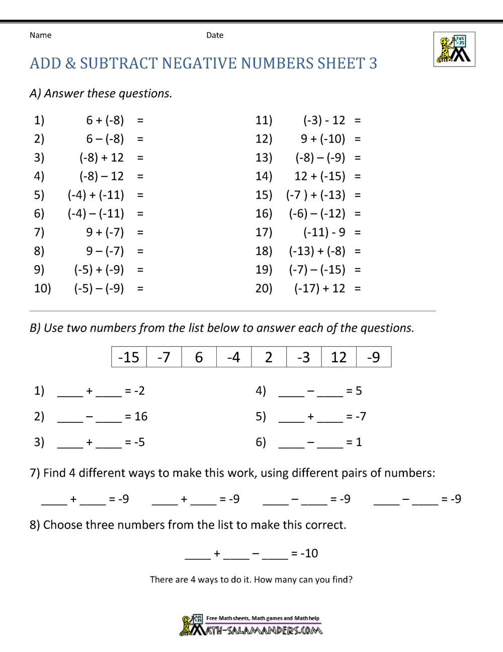 Adding And Subtracting Negative Numbers Adding Positive And Negative Numbers