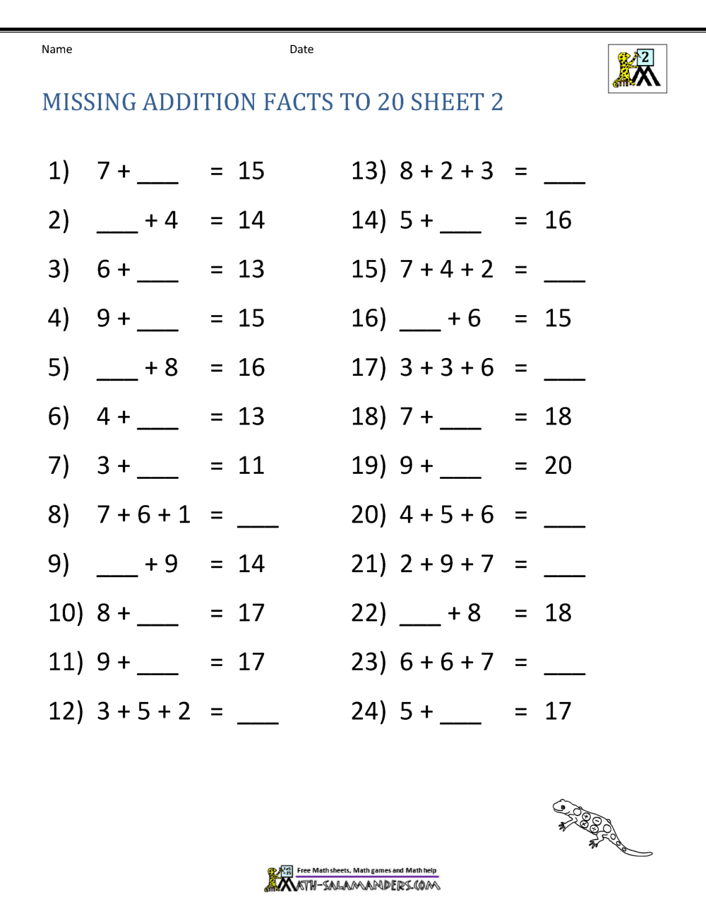 Addition Facts To 20 Worksheets Math Addition Facts To 20