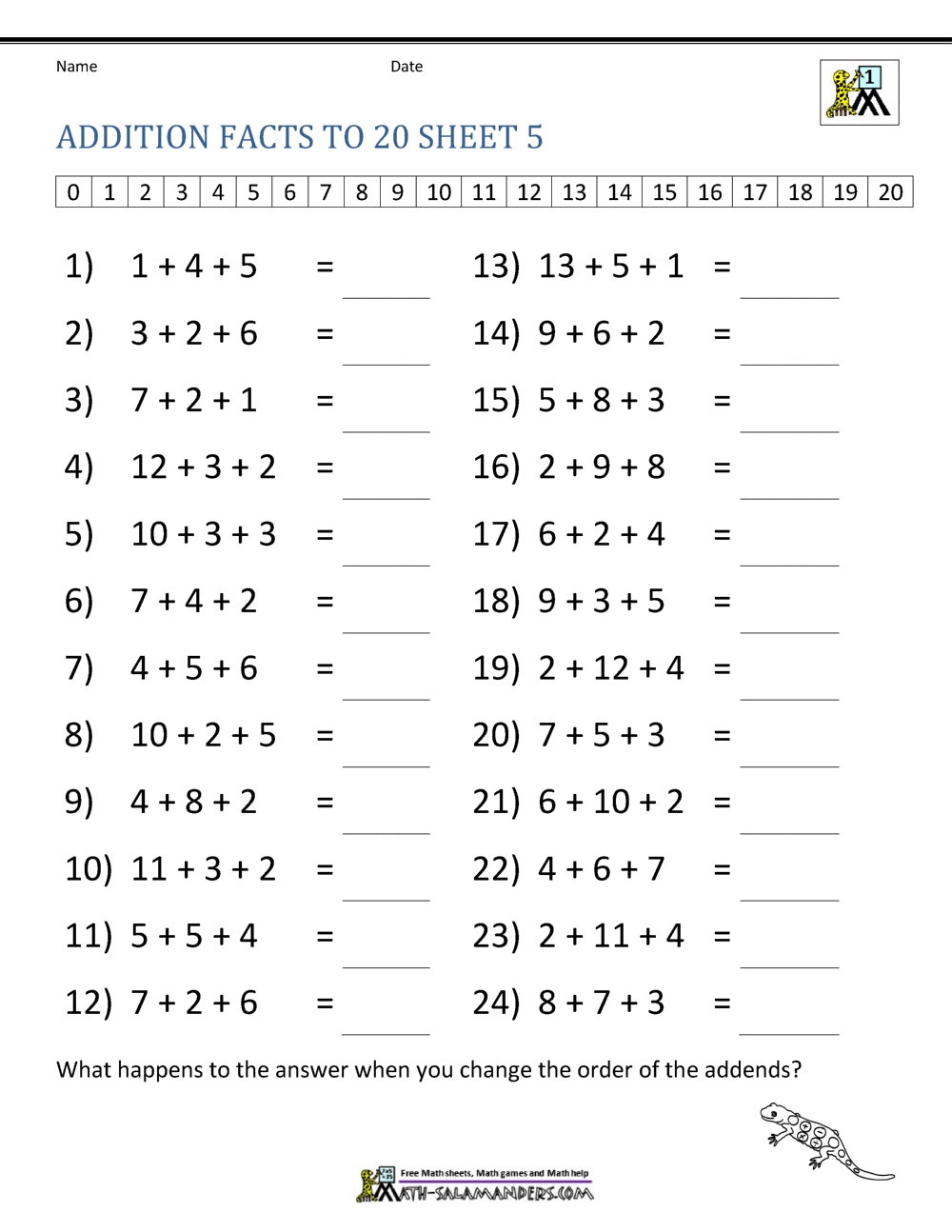 Addition Facts To 20 Worksheets Free Math Worksheets