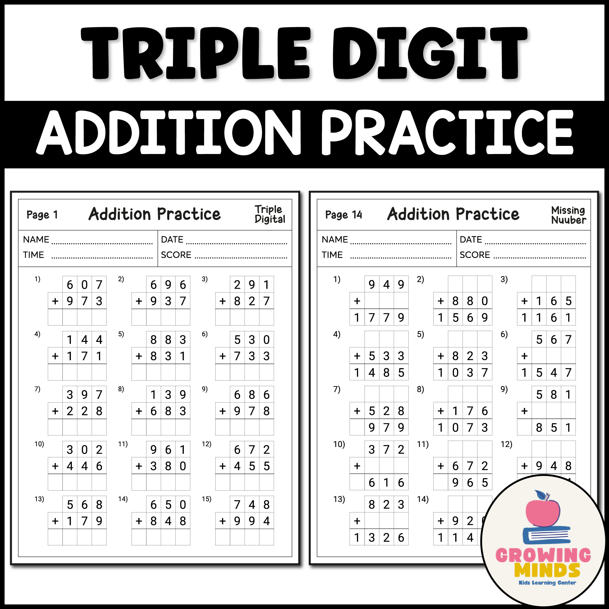 Addition Practice Triple Digit With Missing Number Printable Math Worksheet Made By Teachers