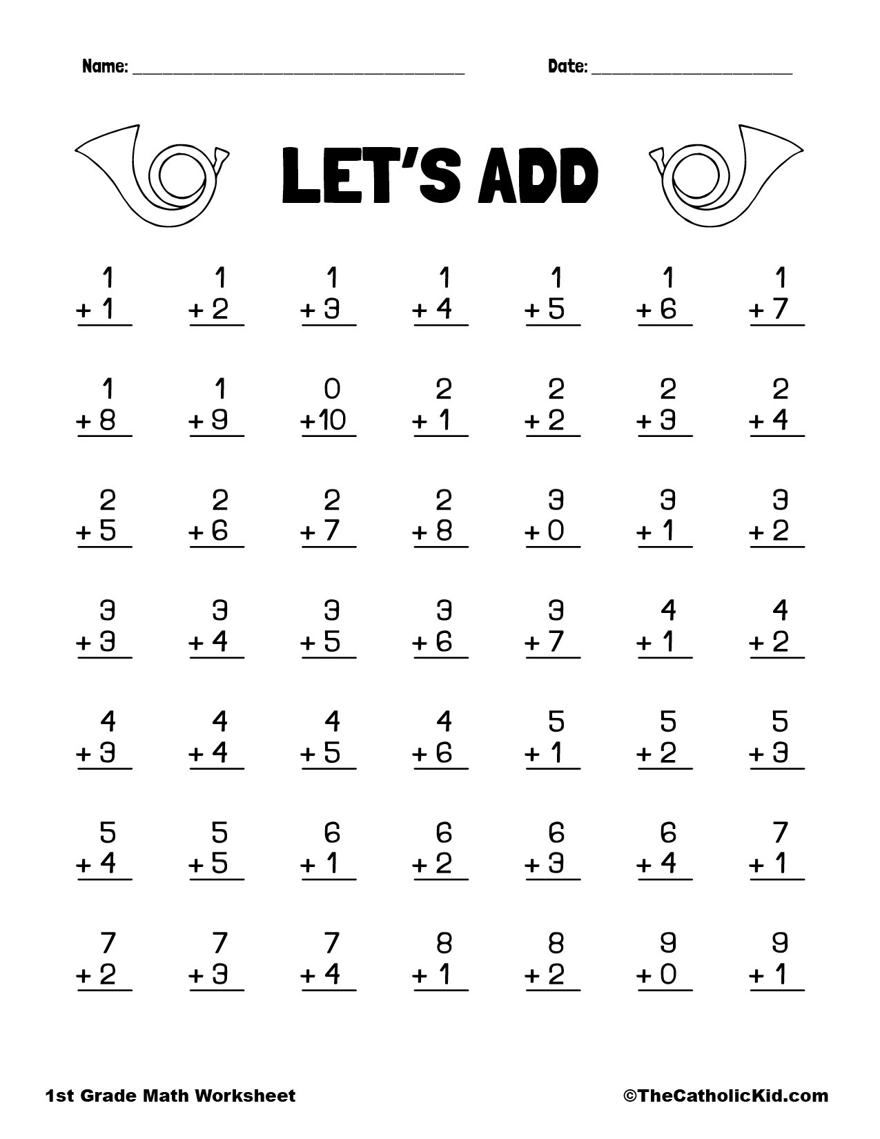 Addition Printout 1st Grade Math Worksheet Catholic First Grade Simple Addition Worksheet