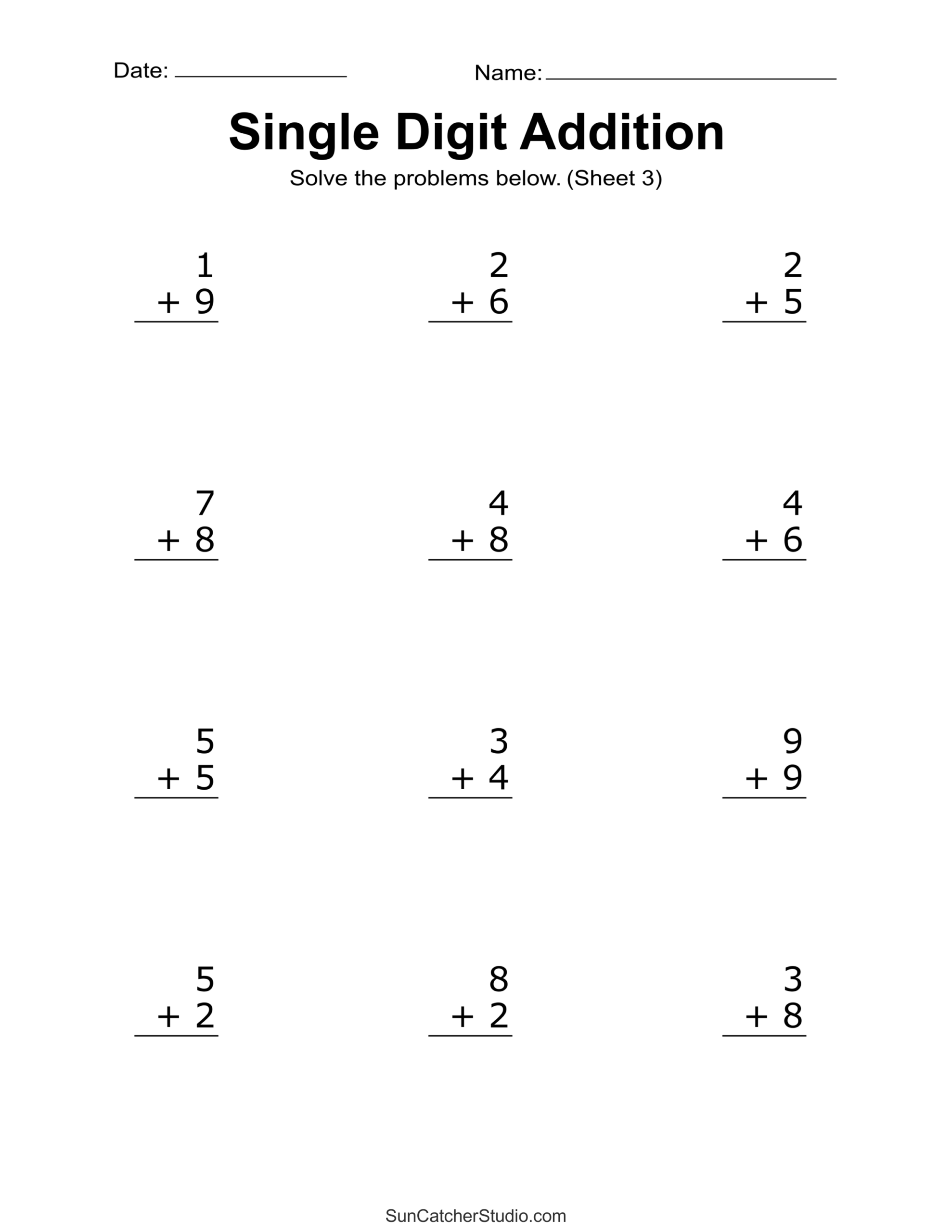 10 Printable Addition Math Worksheets Addition Practice Using Single Two And Three Digit Numbers Ages 4 7 KG1 To Grade 2 Etsy