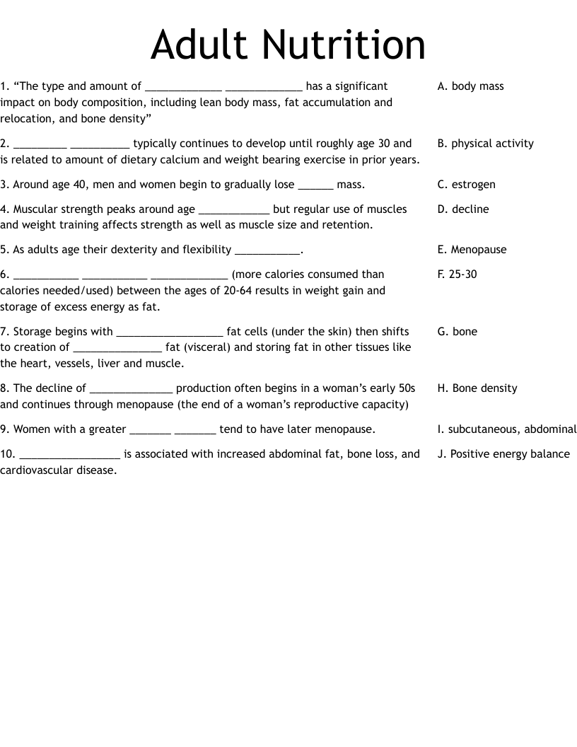 Adult Nutrition Worksheet WordMint