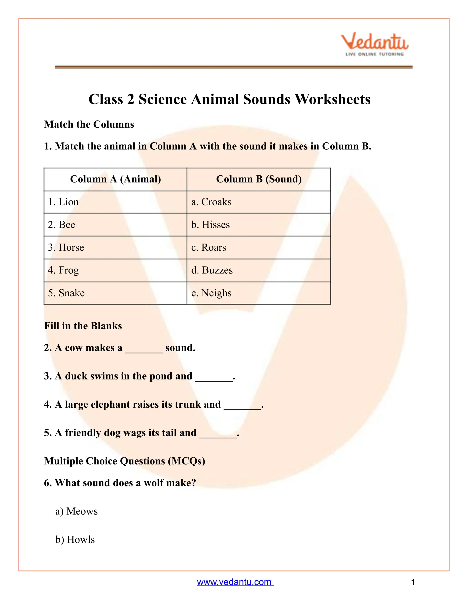 Animal Sounds Worksheet For Class 2 Science Free PDF
