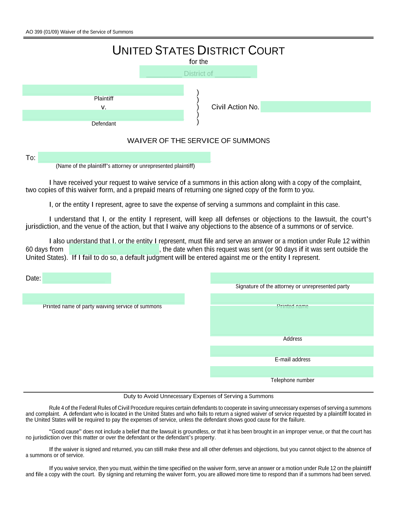 AO 399 Waiver Of The Service Of Summons AO 399 Waiver Of The Service Of Summons