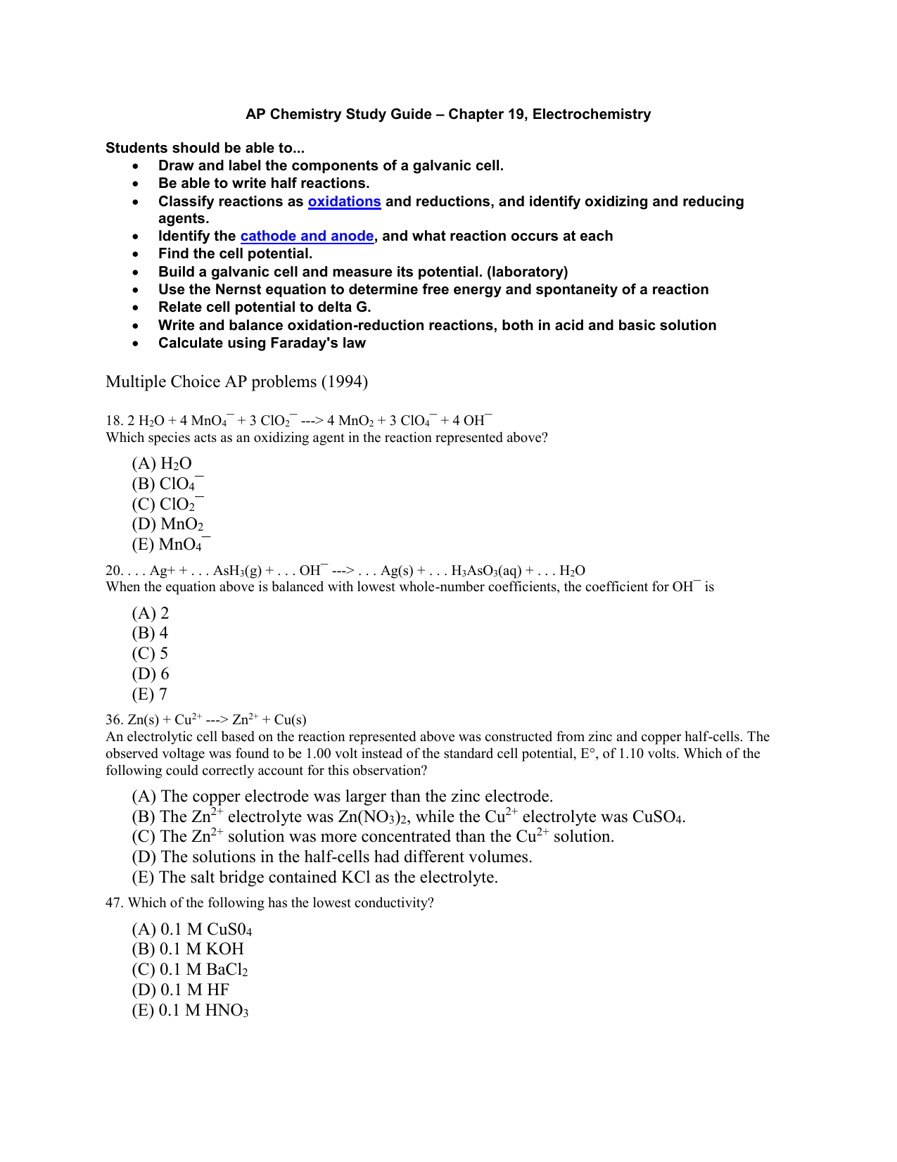 AP Chemistry Electrochemistry FRQ Practice Worksheet Studocu