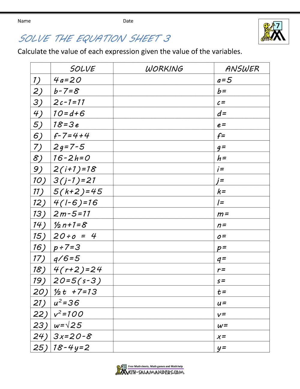 Basic Algebra Worksheets Free Worksheets For Evaluating Expressions With Variables Grades 6 8 Pre Algebra And Algebra 1
