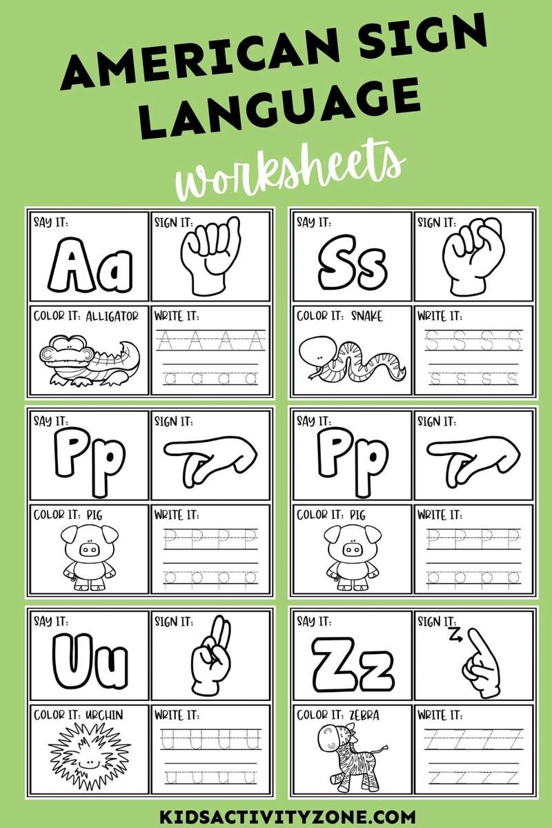 Beginner American Sign Language Worksheets Kids Activity Zone