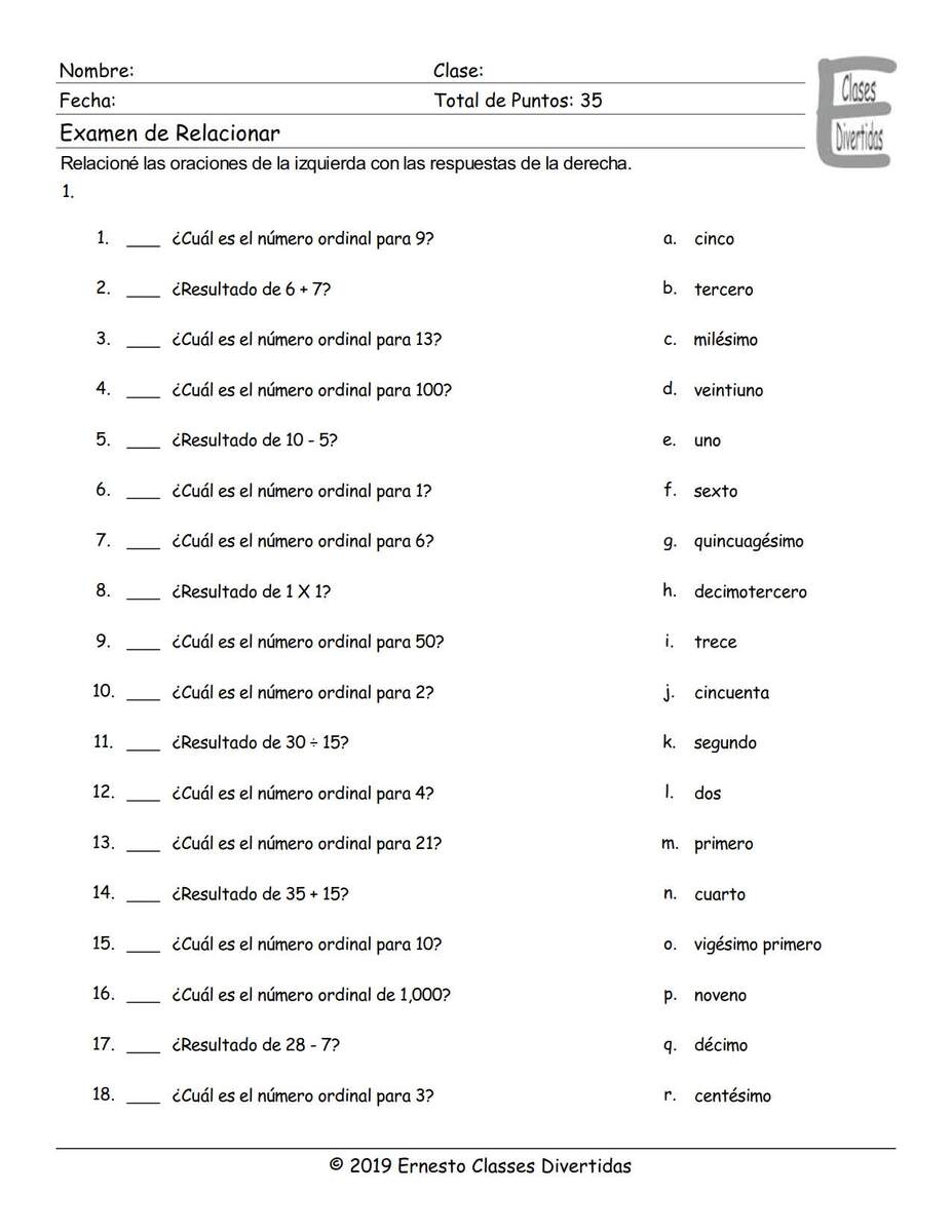 Cardinal And Ordinal Numbers Spanish Matching Exam Teaching Worksheets Library Cardinal And Ordinal Numbers Spanish Matching Exam Teaching Worksheets Library