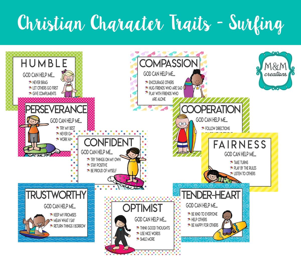 Christian Character Trait Posters Surfing Theme Etsy