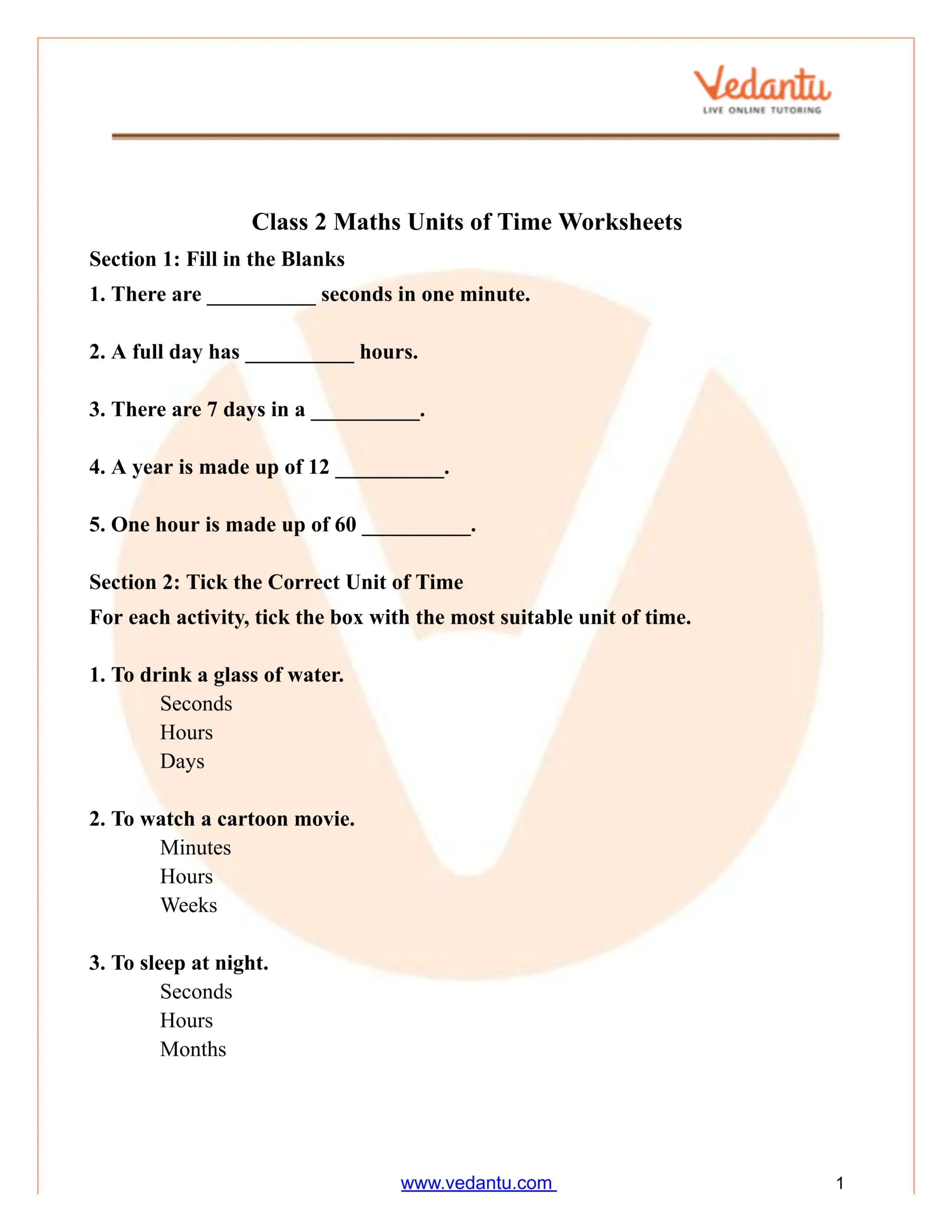 Class 2 Maths Units Of Time Worksheet Free PDF Practice