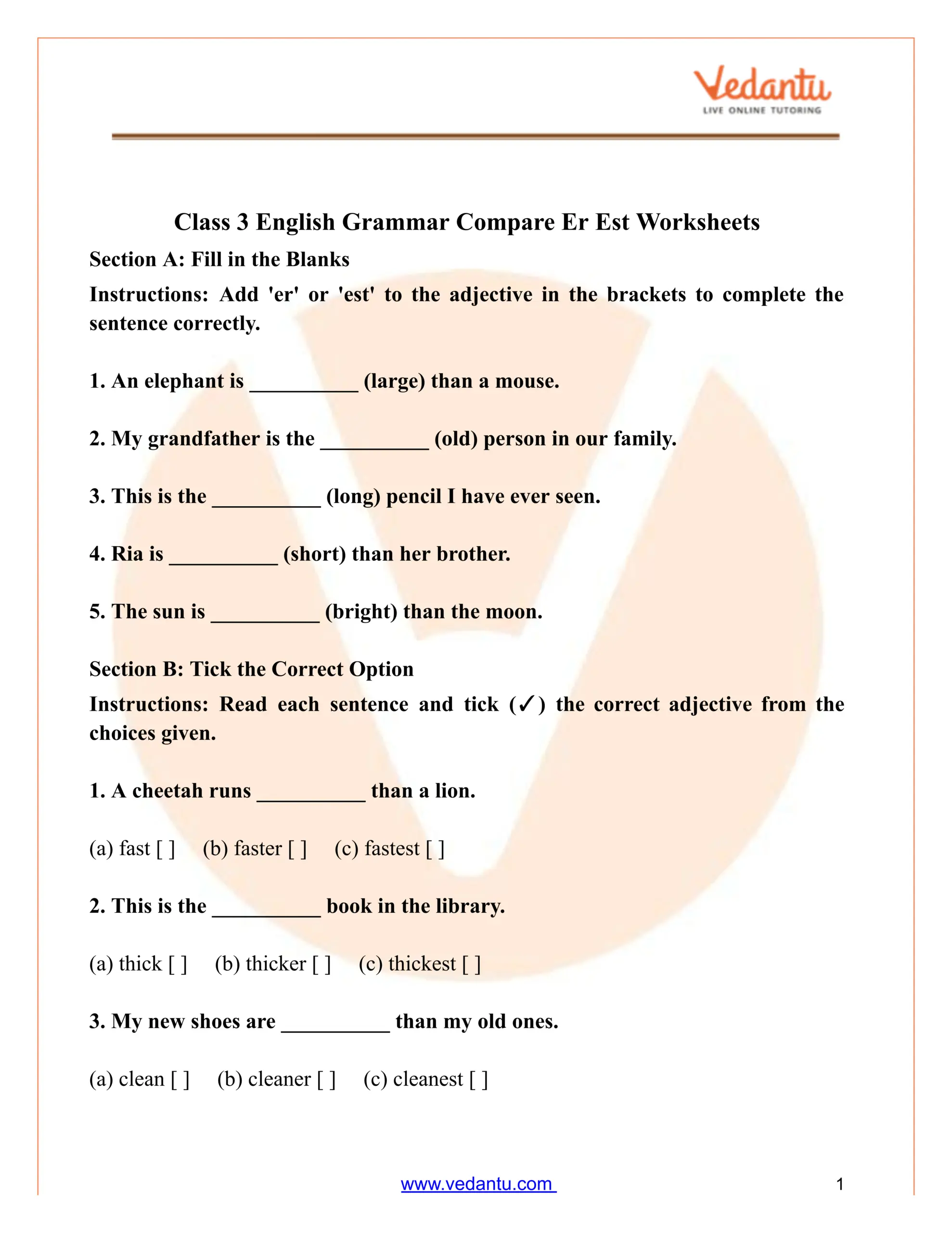 Class 3 English Grammar Compare Er And Est Worksheets PDF Using Adjectives With Er Or Est Worksheets Library
