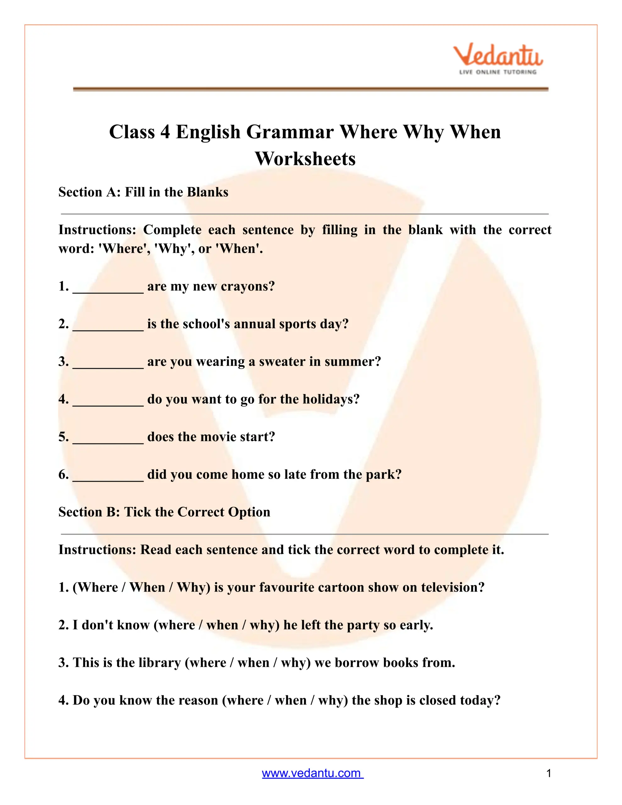 Class 4 English Grammar Worksheet Where Why When