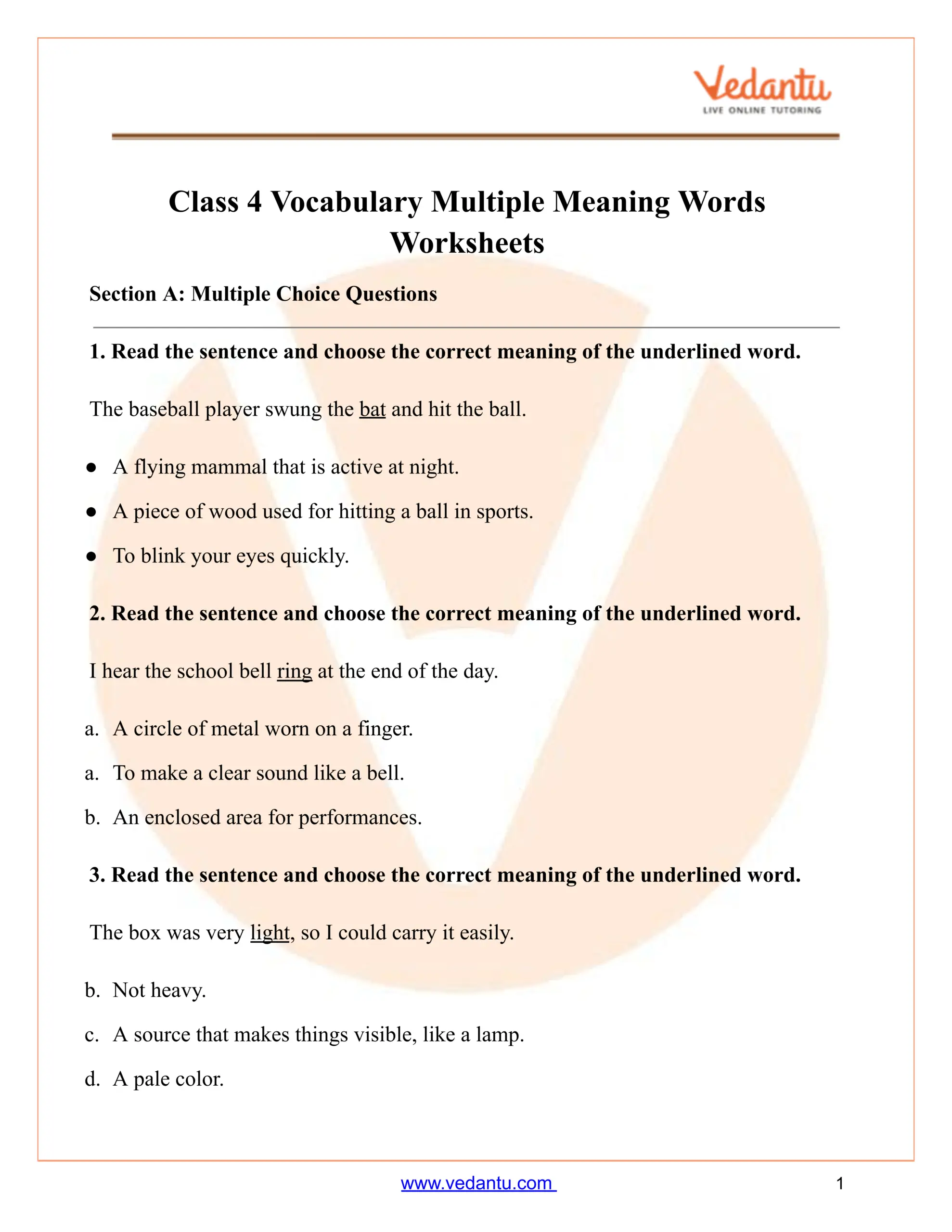 Class 4 Multiple Meaning Words Worksheet With Answers PDF Class 4 Multiple Meaning Words Worksheet With Answers PDF
