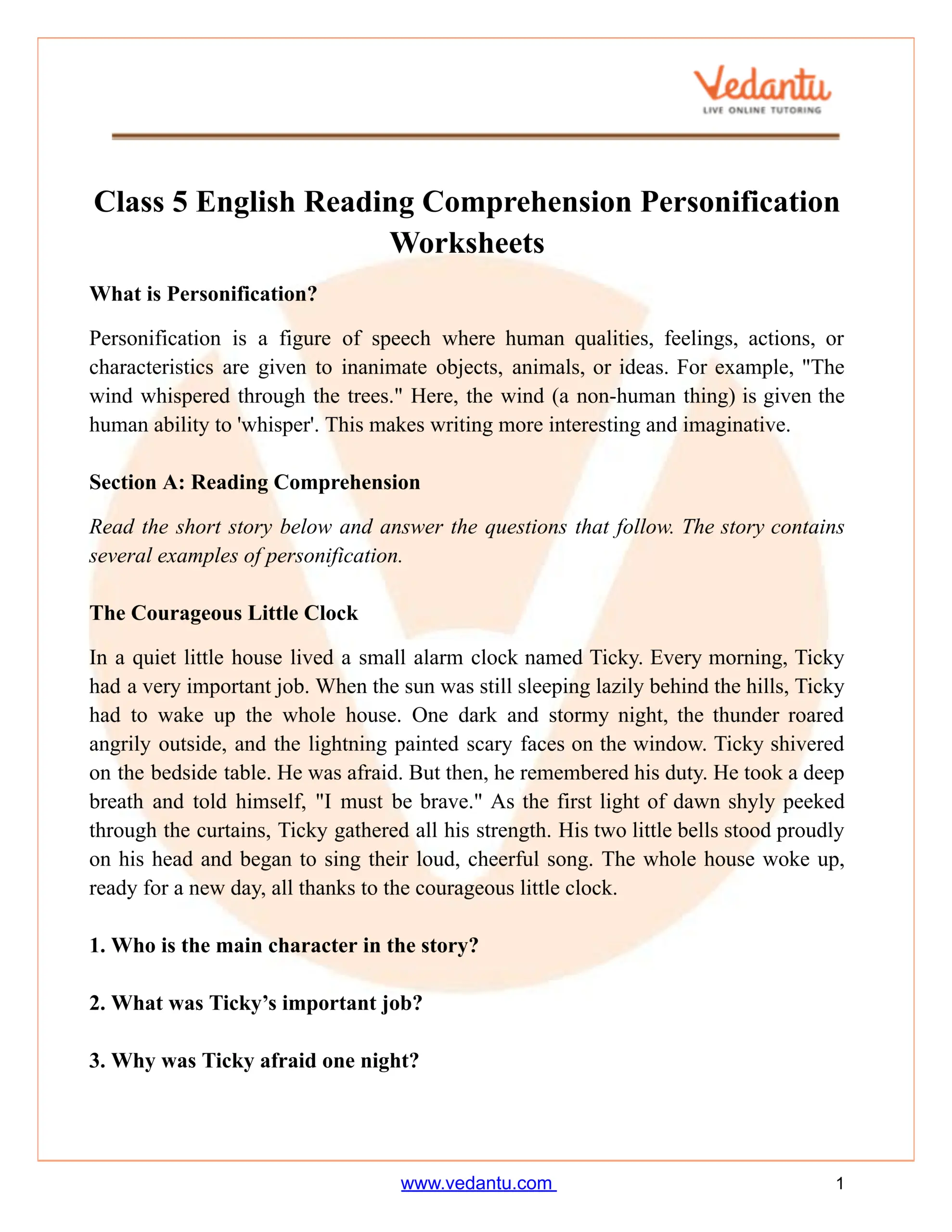 Class 5 Personification Worksheet PDF Reading Comprehension Practice