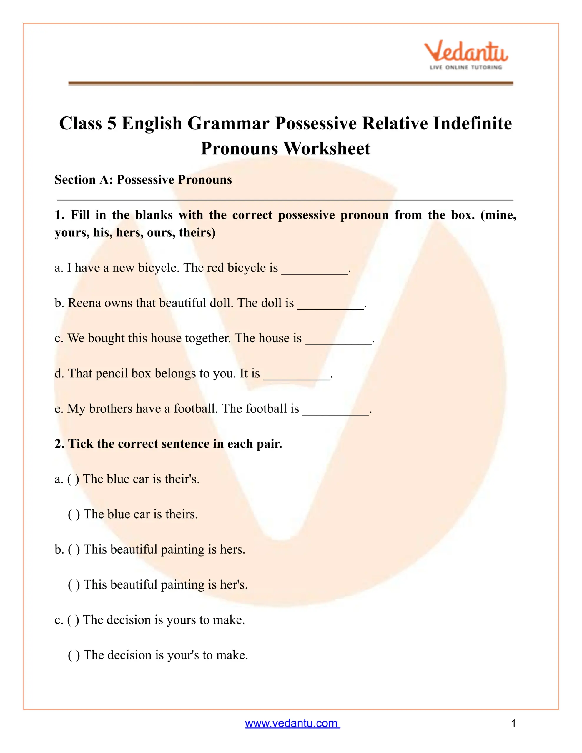 Class 5 Possessive Relative Indefinite Pronouns Worksheet PDF Class 5 Possessive Relative Indefinite Pronouns Worksheet PDF