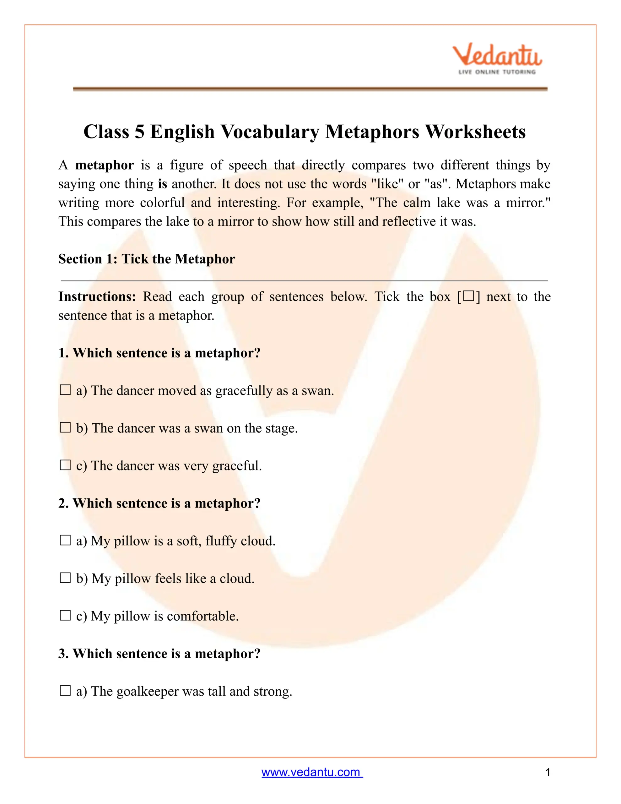 Class 5 Vocabulary Metaphors Worksheet Free Printable PDF Class 5 Vocabulary Metaphors Worksheet Free Printable PDF