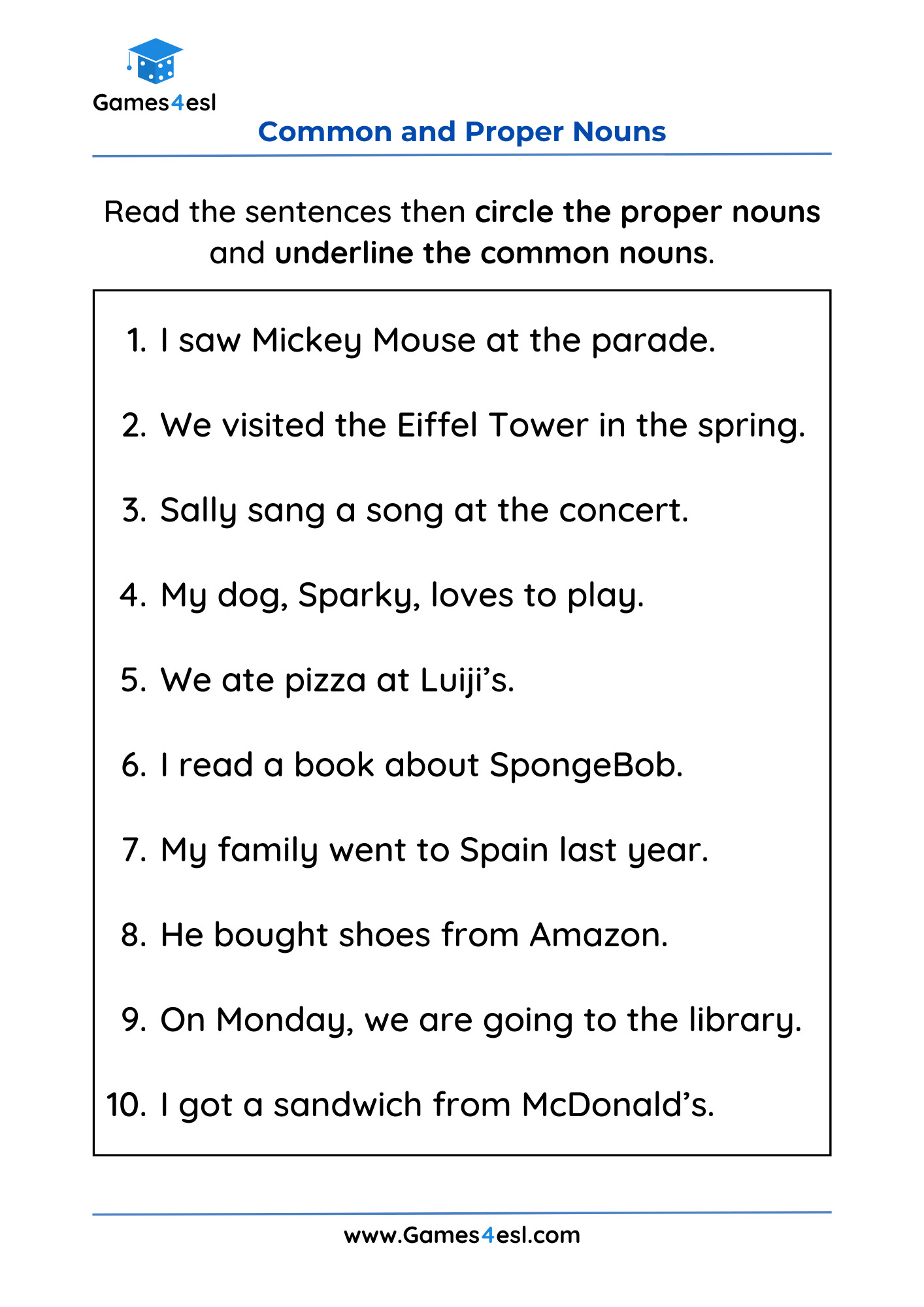 Common And Proper Noun Worksheets Games4esl