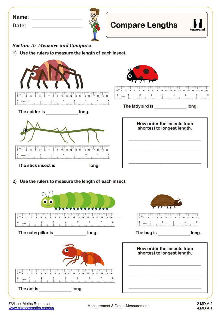 Compare Lengths PDF Printable Measurement And Data Worksheets Cazoom Math Measuring Length 2nd Grade Math Digital Mini Lesson 2 MD A 1 MagiCore