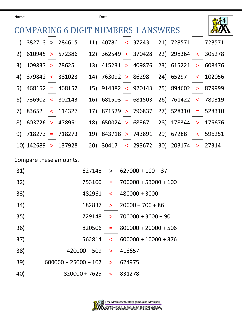 Comparing And Ordering Whole Numbers Worksheets Comparing Numbers To 1000