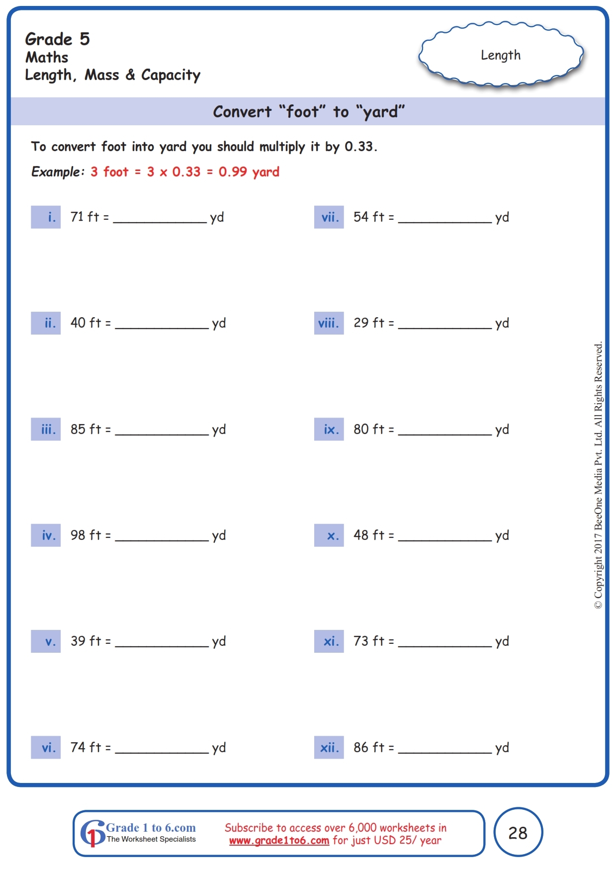 Convert Feet To Yards Worksheet Grade1to6 Convert Feet To Yards Worksheet Grade1to6