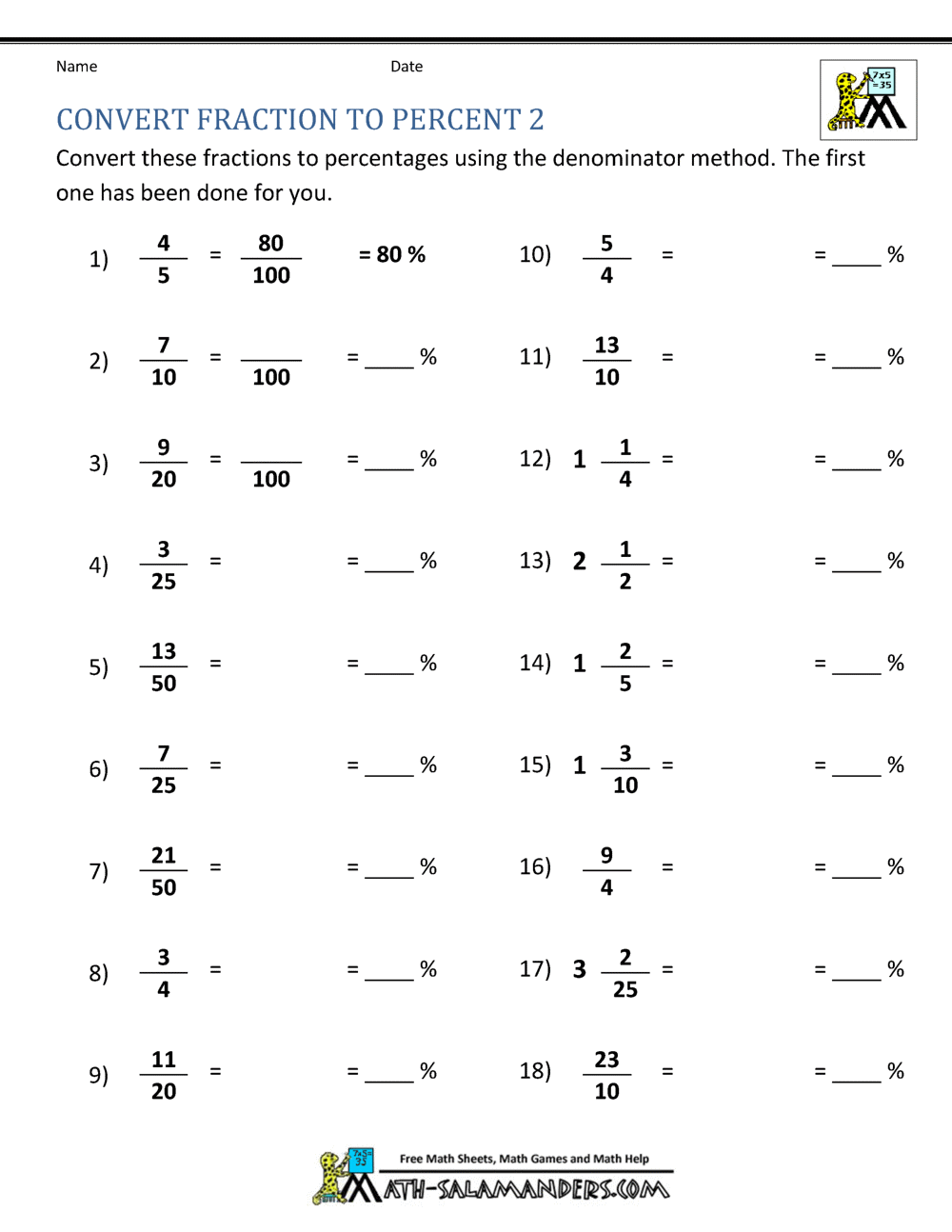 Fractions Decimals Percents Worksheets