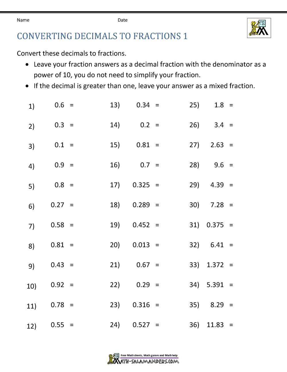 Converting Decimals To Fractions Worksheet Free Converting Fractions To Decimals Worksheet 5th Grade Download Free Converting Fractions To Decimals Worksheet 5th Grade Png Images Free Worksheets On Clipart Library