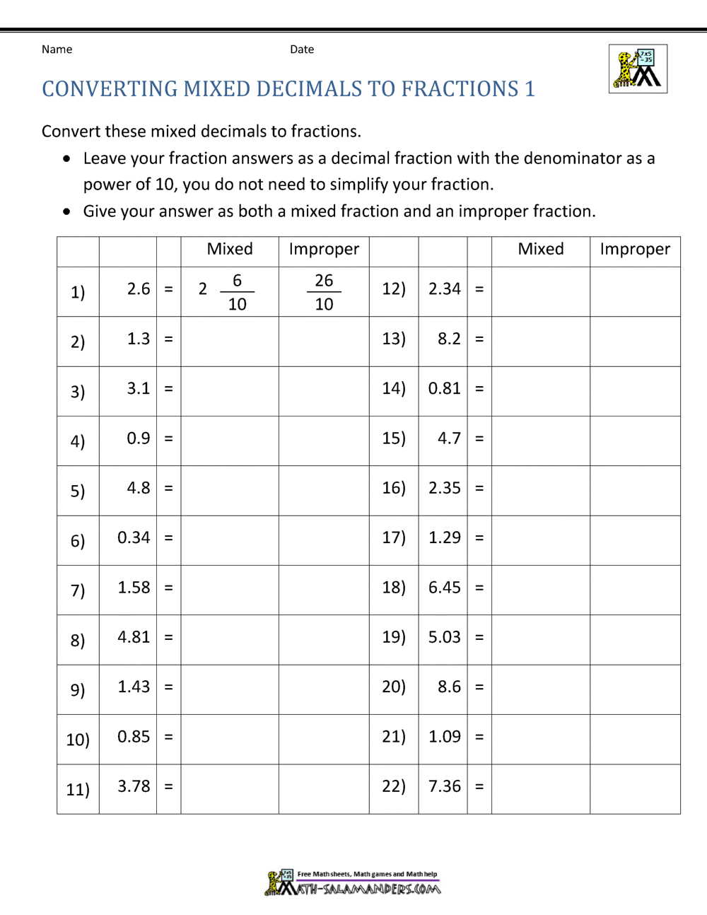 Converting Decimals To Fractions Worksheet Converting Decimals To Fractions Worksheet