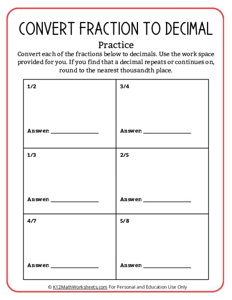 Converting Fractions To Decimals Worksheets Ordering Decimals Worksheet Printable PDF Ordering Decimals Worksheet