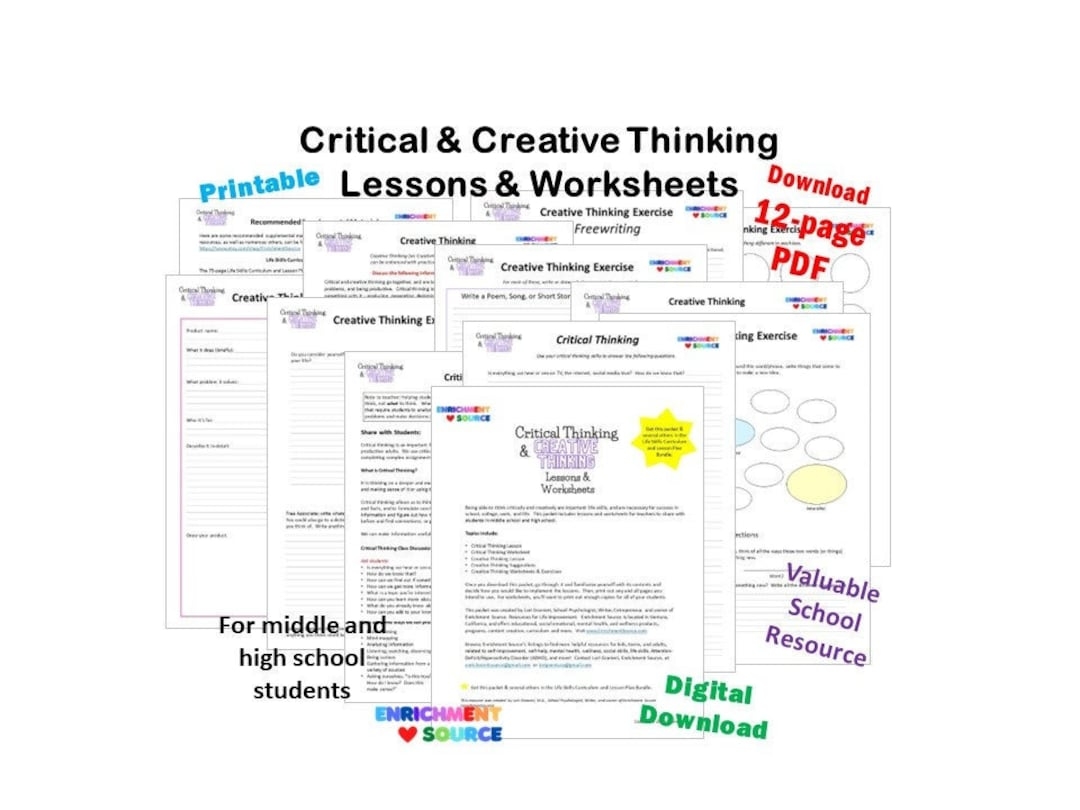 Critical Thinking Creative Thinking Lesson Worksheets Exercises For Middle School High School Students Life Skills Social Learning Etsy