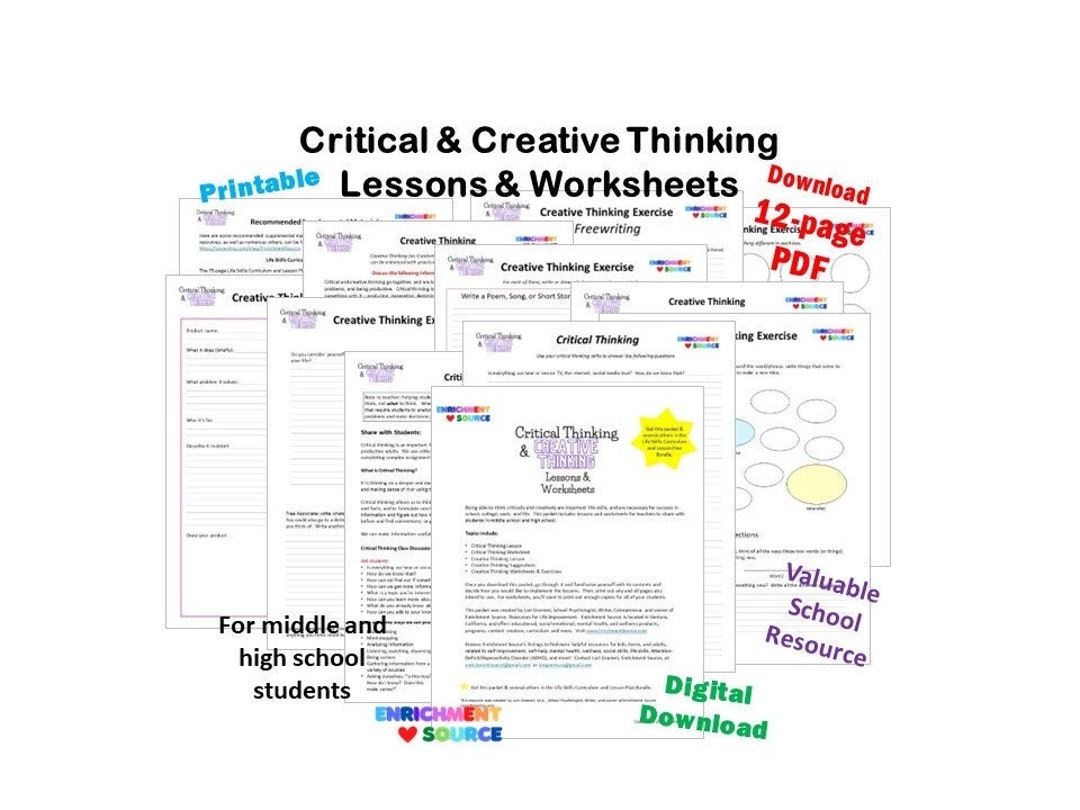 Critical Thinking Creative Thinking Lesson Worksheets Exercises For Middle School High School Students Life Skills Social Learning Etsy