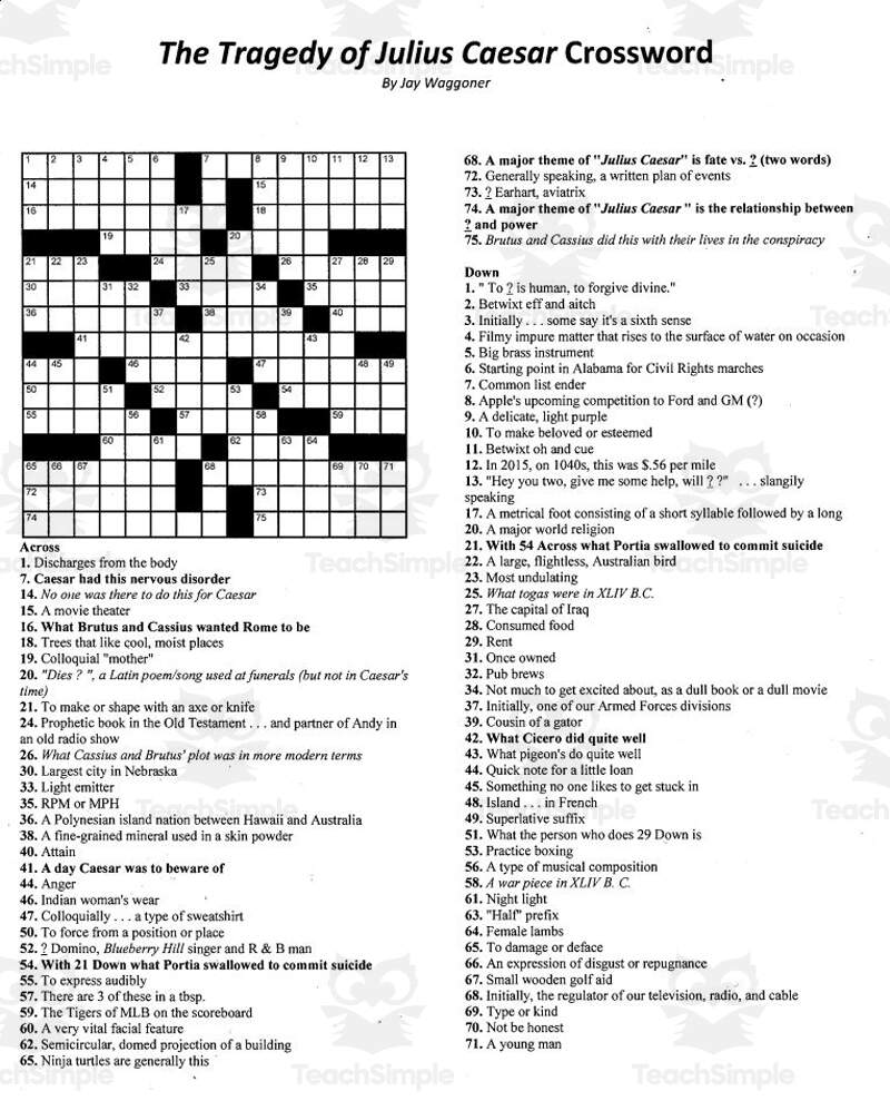 Crossword Puzzle The Tragedy Of Julius Caesar By Teach Simple