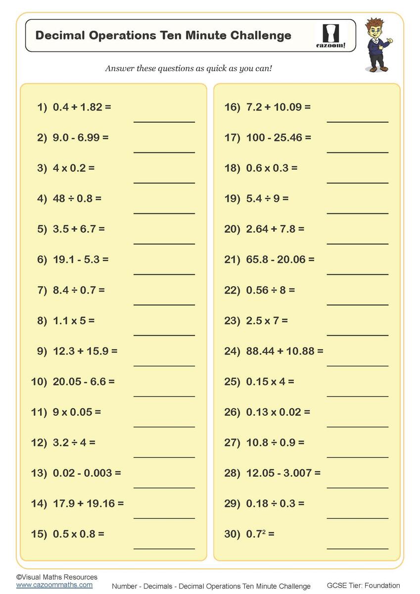 Decimal Operations Ten Minute Challenge Worksheet PDF Printable Worksheet Decimal Operations Ten Minute Challenge Worksheet PDF Printable Worksheet