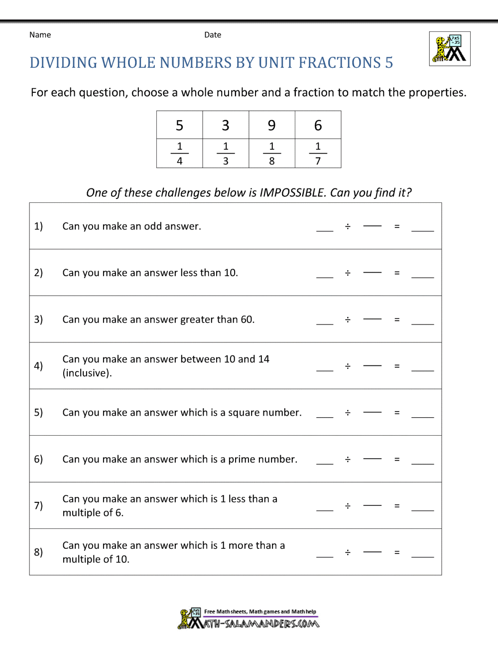 Divide Whole Numbers By Fractions