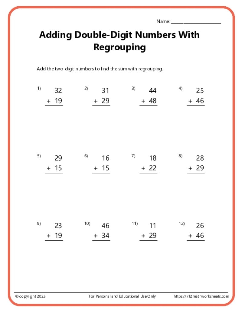Double Digit Addition With Regrouping Worksheets Double Digit Addition With Regrouping Worksheets