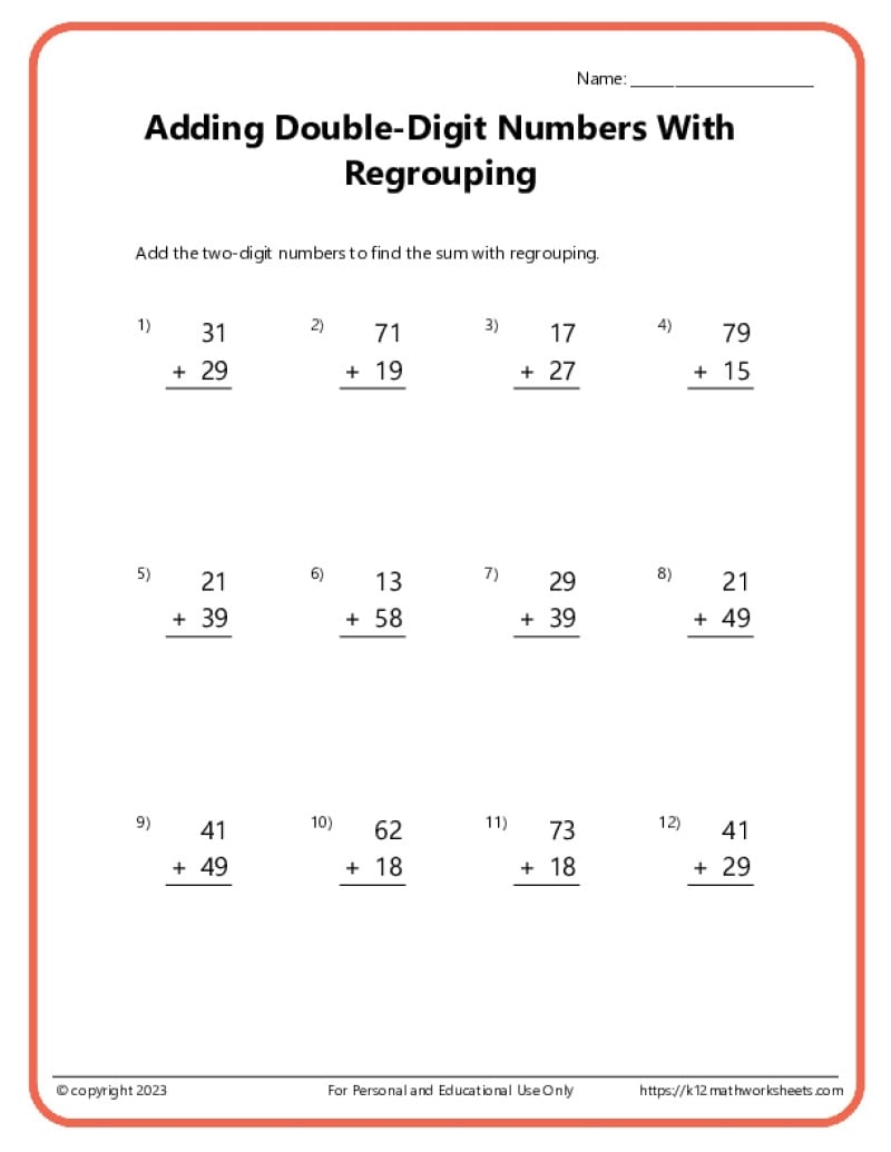 Double Digit Addition With Regrouping Worksheets 5th Grade Addition Worksheets