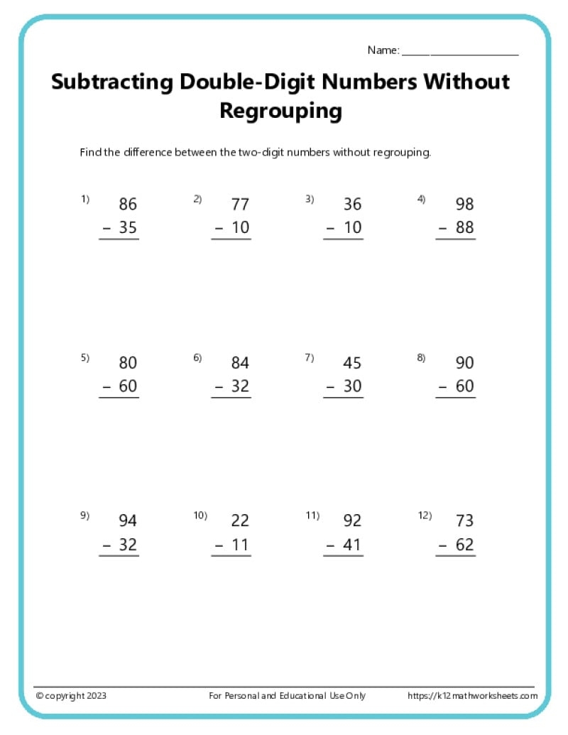 Double Digit Subtraction Without Regrouping K12 Math Worksheets Double Digit Subtraction Without Regrouping K12 Math Worksheets