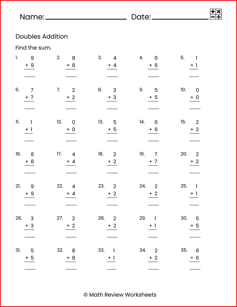 Doubles Addition With Sums To 18 Vertically Math Review Worksheets