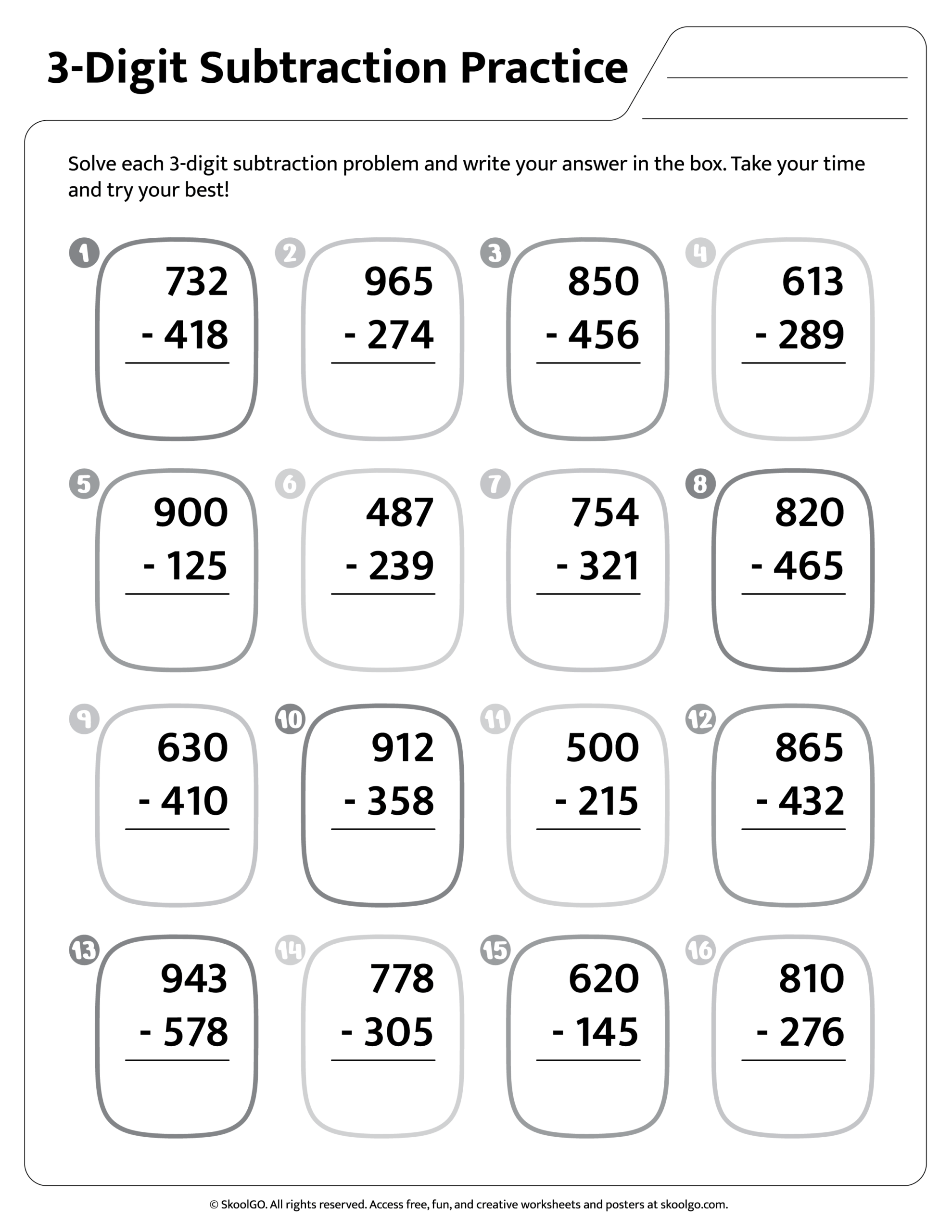 Downloadable 3 Digit Subtraction Worksheet For Grades 2 4 Downloadable 3 Digit Subtraction Worksheet For Grades 2 4