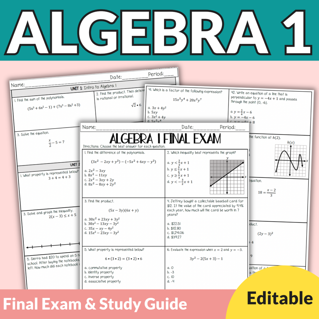 Editable Algebra 1 Final Exam With Study Guide No Prep 8th 11th Lindsay Bowden